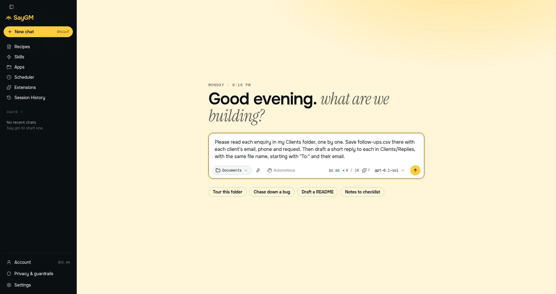 SayGM Desktop home screen, ready to start a task