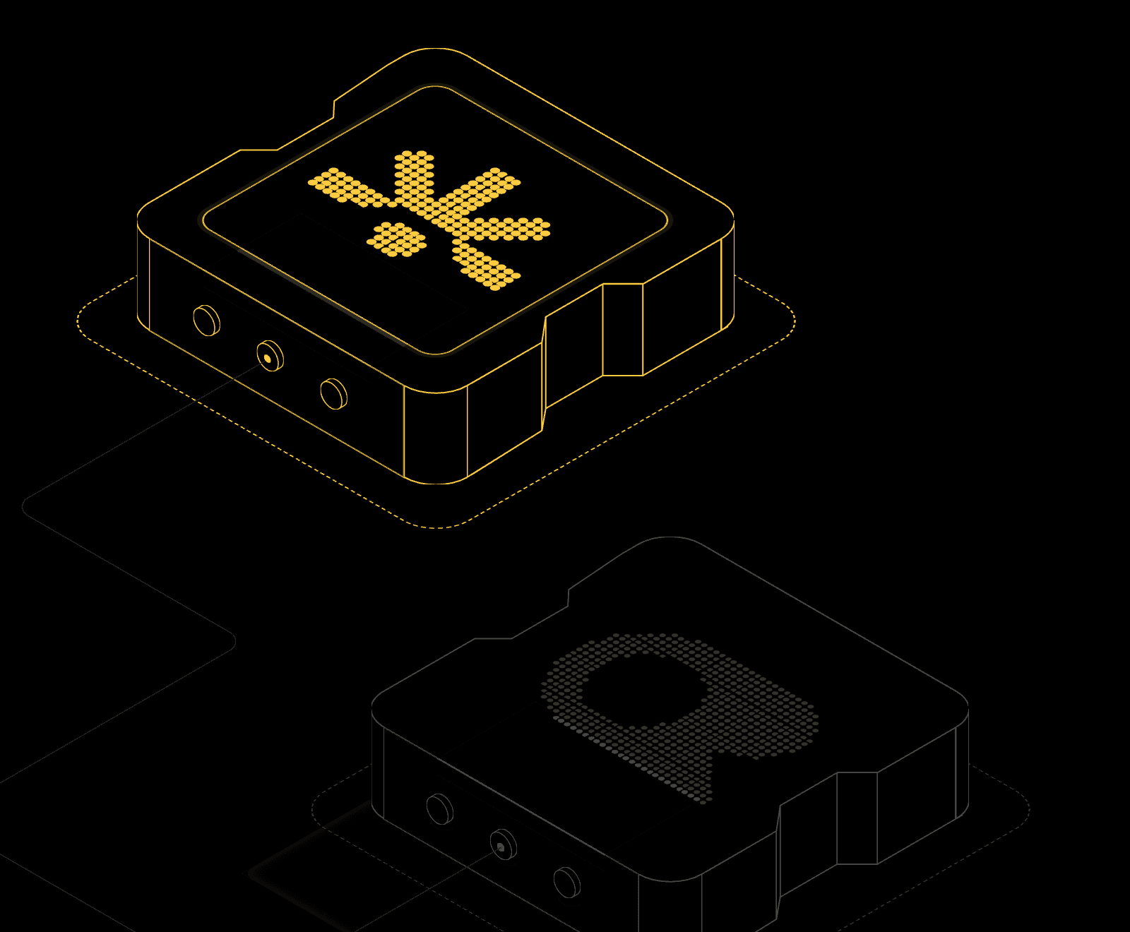 Isometric rendering of SayGM routing chips, a track carrying a signal into the lit connector