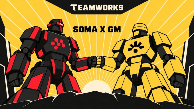 SOMA x GM Teamworks artwork of a red SOMA robot and a yellow GM robot bumping fists in front of a rising sun