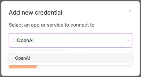 n8n's Add new credential dialog, with OpenAI typed into the search and the OpenAI credential type ready to pick.