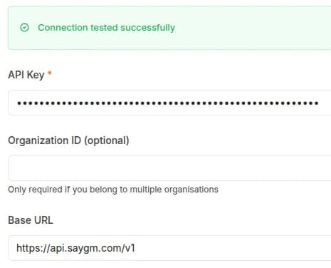 The saved n8n OpenAI credential: connection tested successfully, the SayGM key masked in API Key, and https://api.saygm.com/v1 in Base URL.