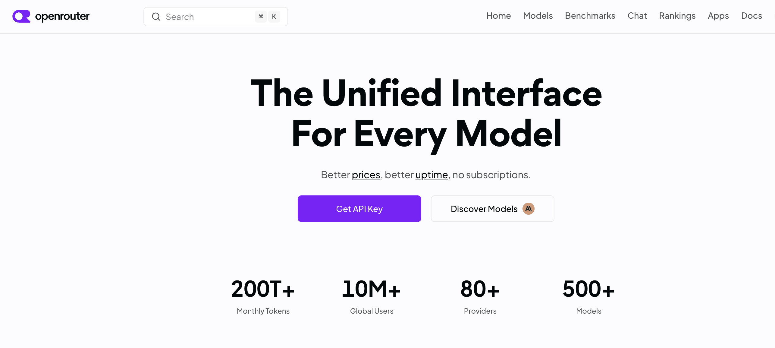OpenRouter homepage showing its unified interface for every model