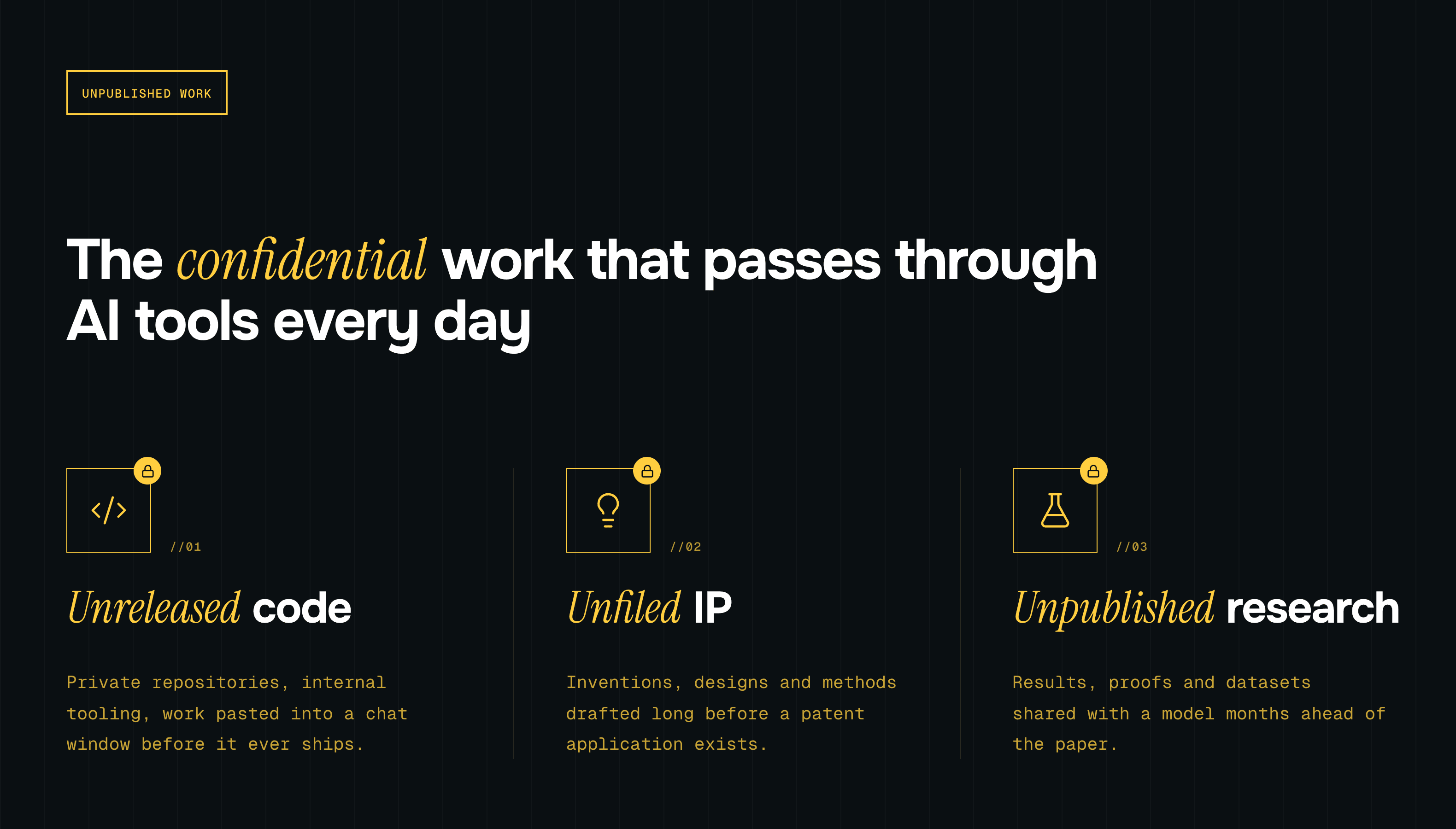 The 3 common types of confidential work that passes through AI tools every day. Unreleased code, Unfiled IP, Unpublished research