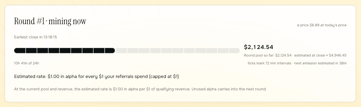 SayGM affiliate round tracker showing round progress, the pool so far and an estimated rate of $1 in alpha per $1 of referred spend
