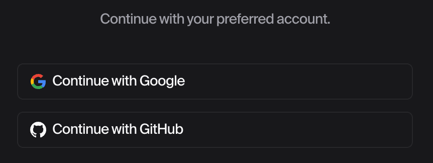 Familiar OAuth sign-in buttons for Google and GitHub, the same OAuth PKCE pattern Sign in with SayGM uses.