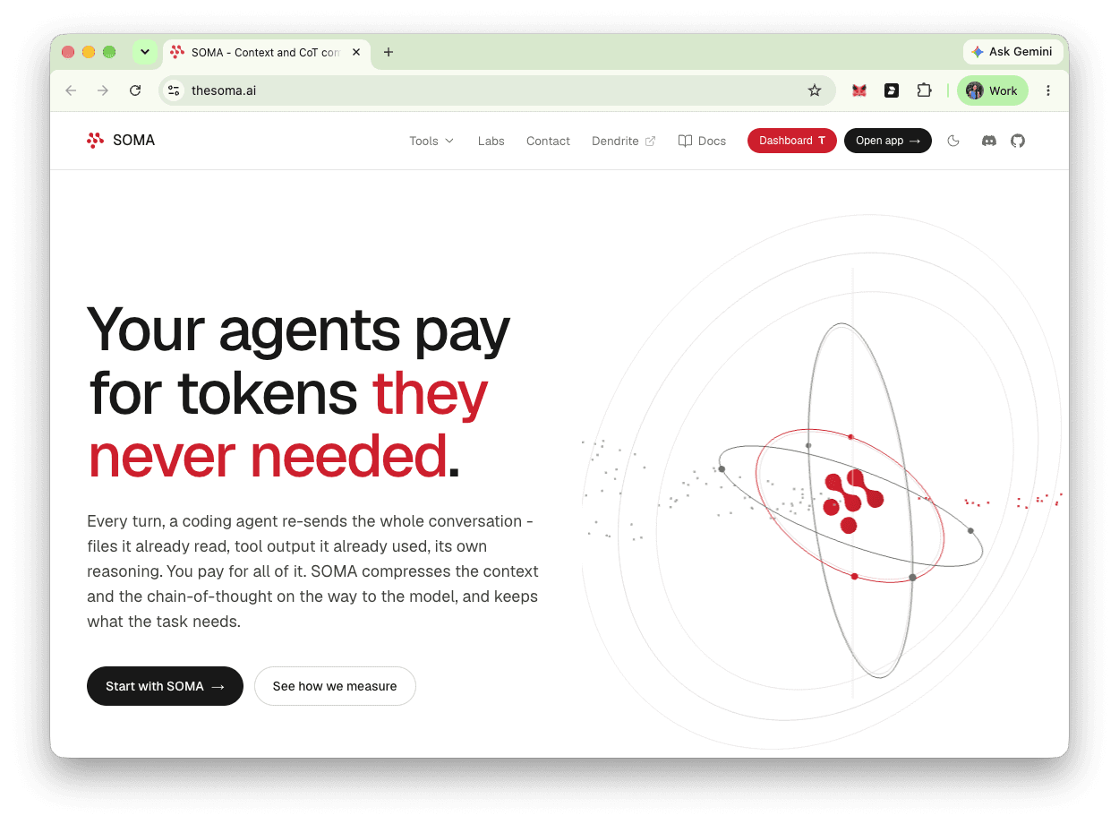 SOMA homepage reading Your agents pay for tokens they never needed, explaining context compression for AI agents