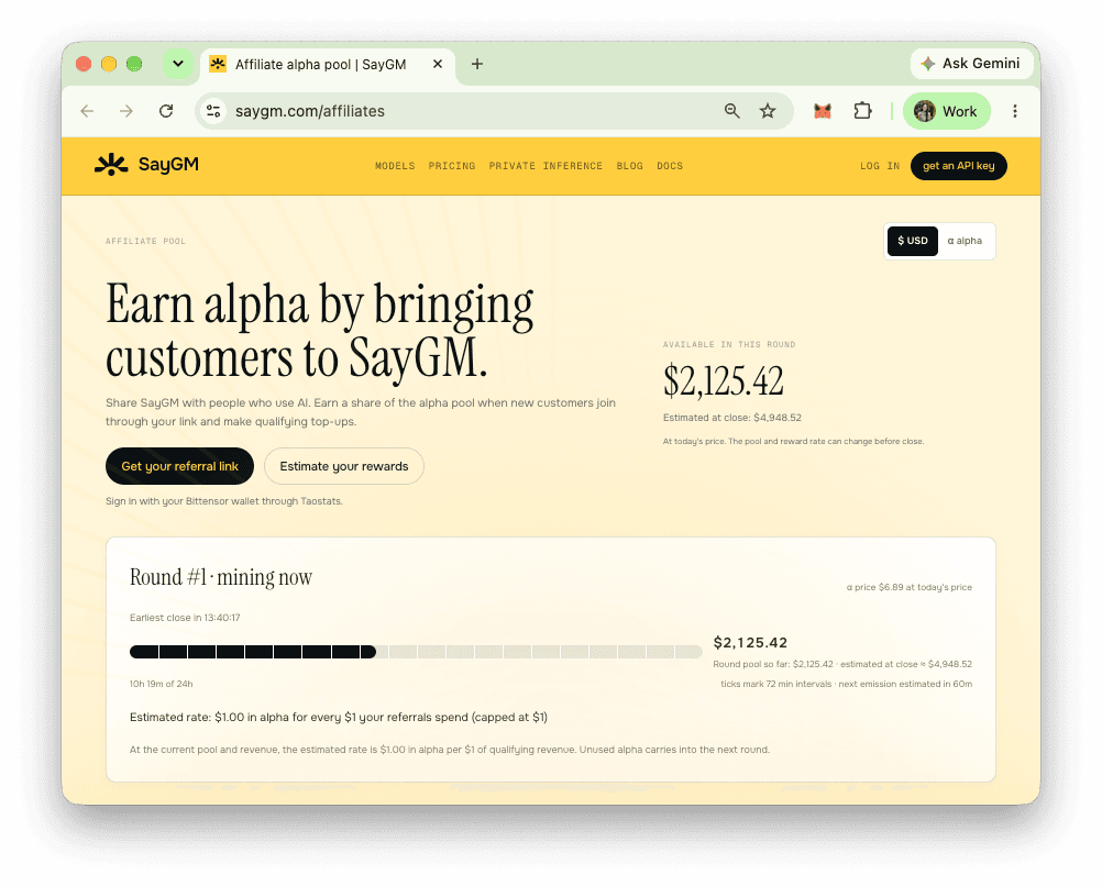 SayGM affiliate pool page showing the current round, the alpha available and the estimated reward rate