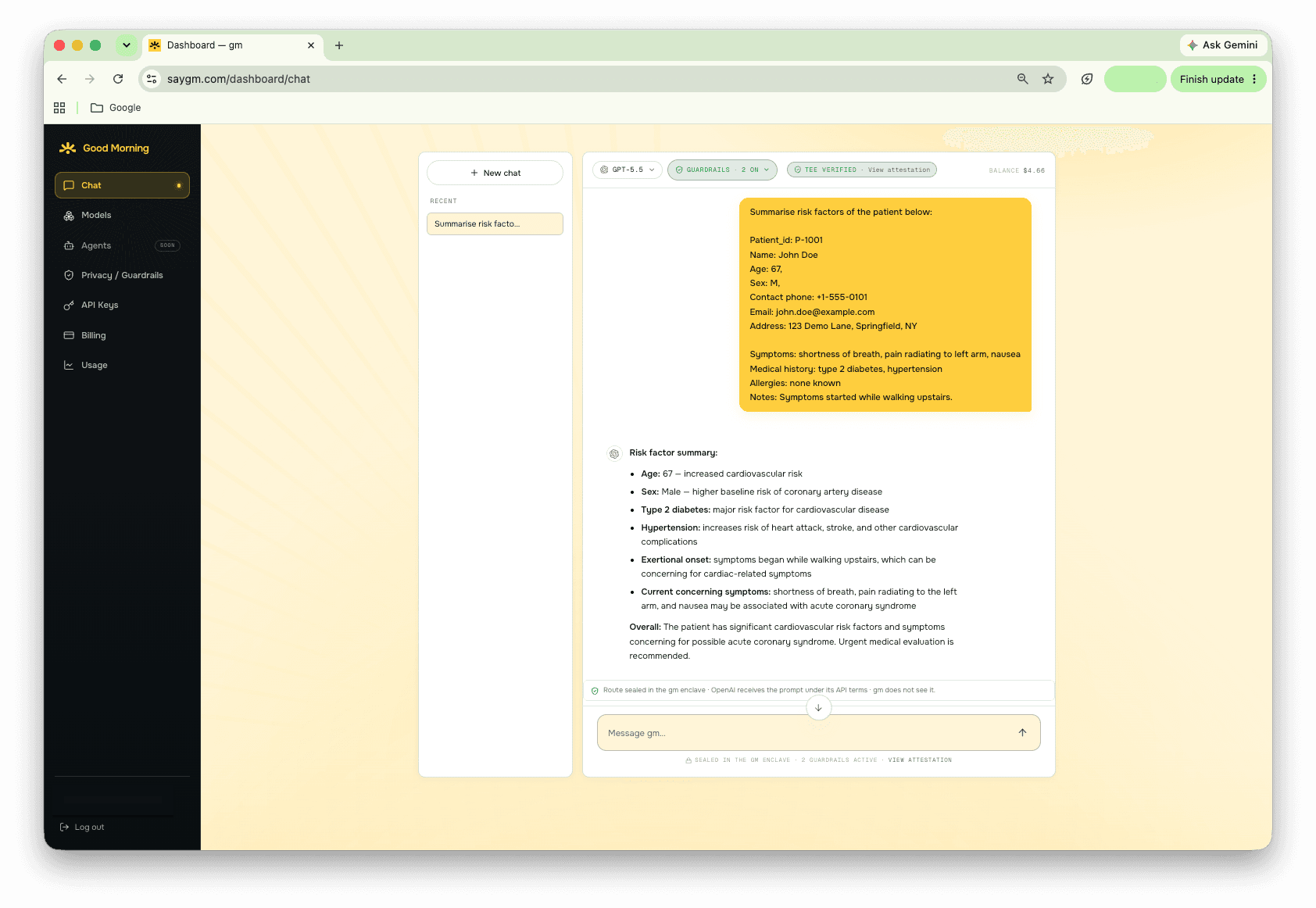 SayGm chat with PII redaction guardrails on, summarizing patient risk factors from a test prompt
