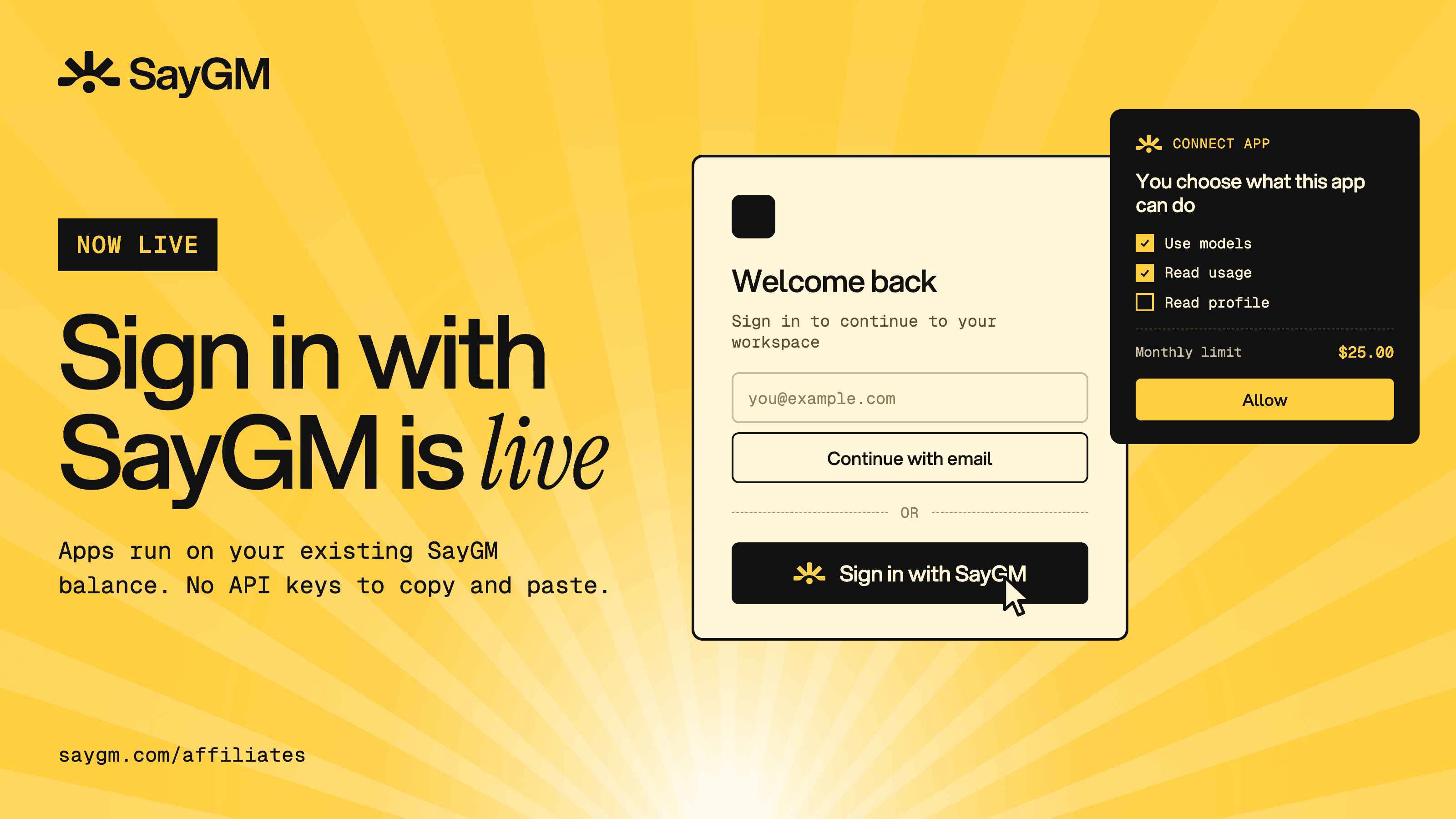 Sign in with SayGM button on an app login screen, letting users bring their own key and SayGM balance.