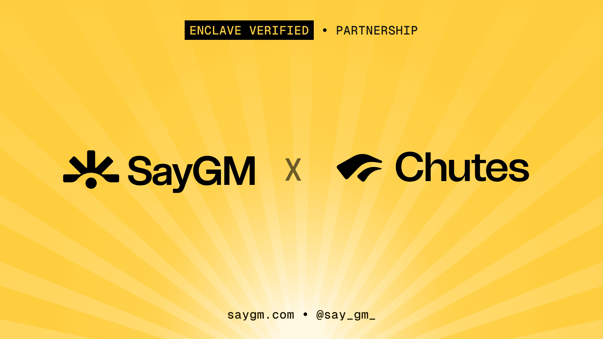 SayGM and Chutes AI partnership banner showing SayGM partnering with Chutes.